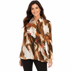 Abstract OS Medium Earth Tone Floral Semi Sheer Embroidered Button Down Shirt